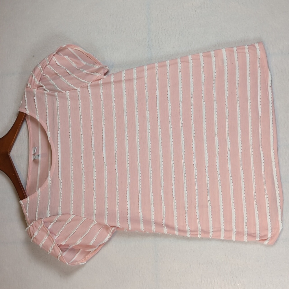 ELLE Pink & White Ruffle Striped Short Sleeve Shirt XS
